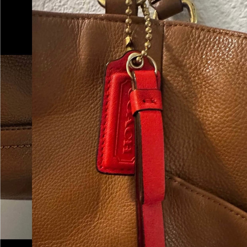 Coach Tan Leather Tote with Red Charm Accent - Picture 4 of 4